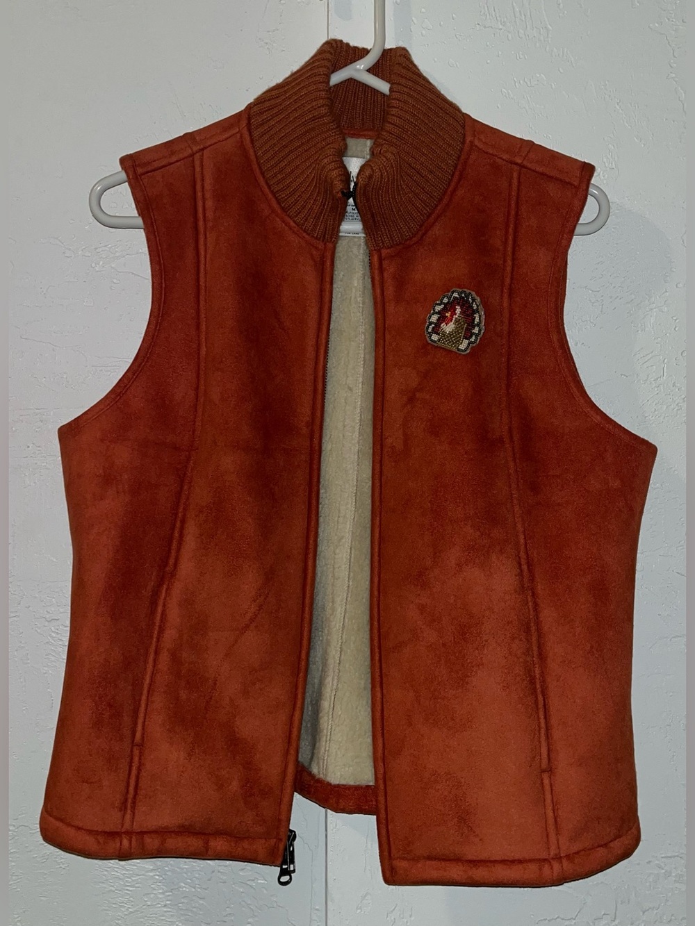 Chadwick’s Pumpkin Burnt Orange Faux Suede and Fleece Zip Vest with Turkey Pin